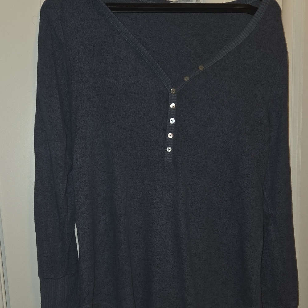 Blue and Black Buttoned Relaxed Blouse Sweater